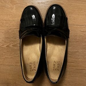 Black Naturalizer Patent Leather Chunky Loafers with Tan Trim
